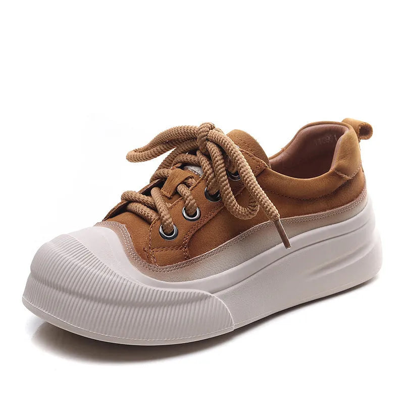 Women's brown leather lace-up casual shoes with round toe and rubber sole on white background