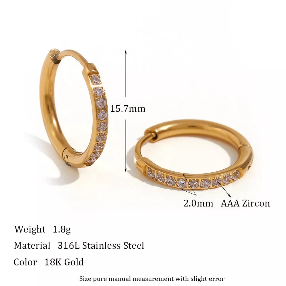 Women's titanium steel rounded edge zircon earrings in gold and steel finishes, sizes 10mm to 16mm