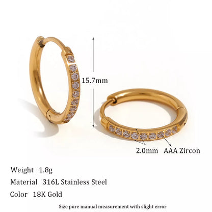 Women's titanium steel rounded edge zircon earrings in gold and steel finishes, sizes 10mm to 16mm