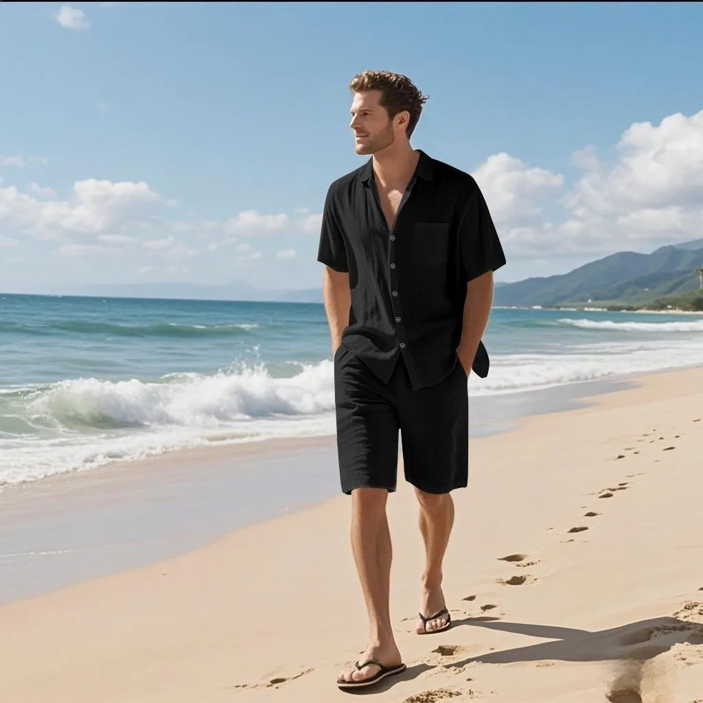 Linen leisure breathable short sleeve shirt beach suit in Army Green, showing top and shorts set
