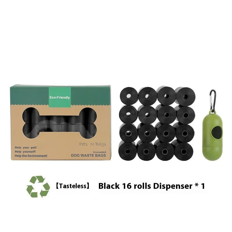 Roll of EPI green degradable pet waste bags next to a transparent dispenser on a grass background.