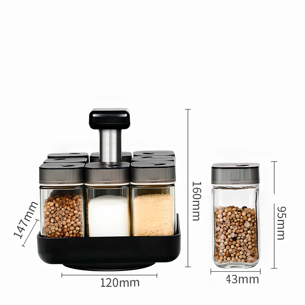 Six clear glass spice jars with natural bamboo lids in stackable configuration