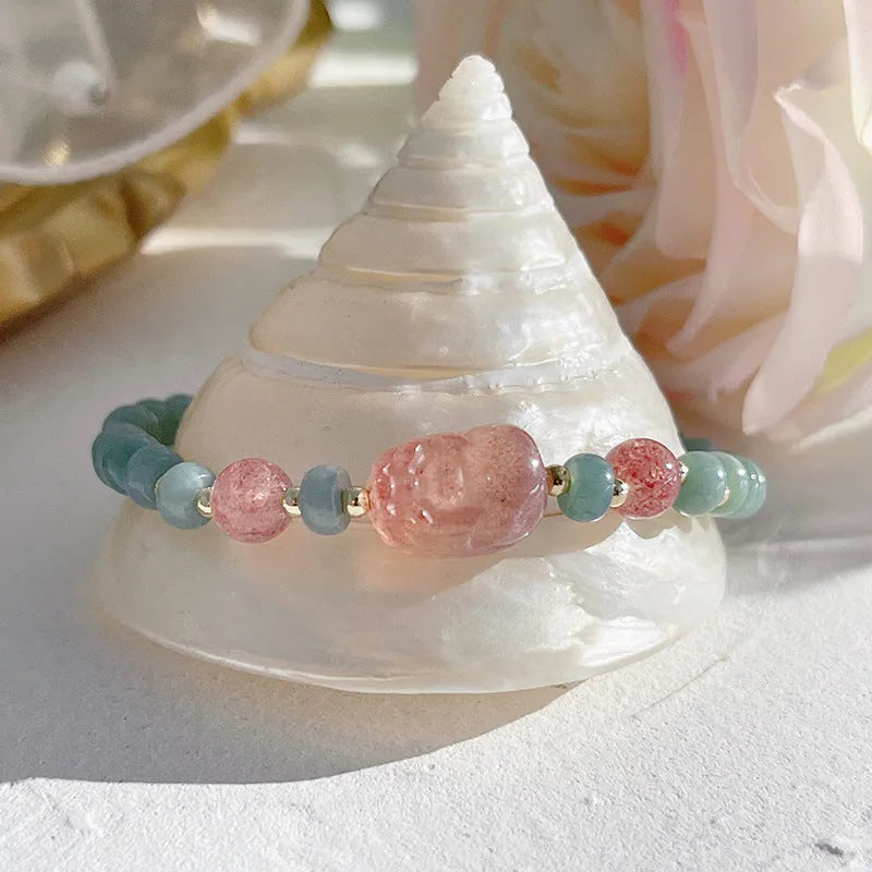 Blue Hetian jade gourd peace buckle bracelet with strawberry quartz beads and adjustable length