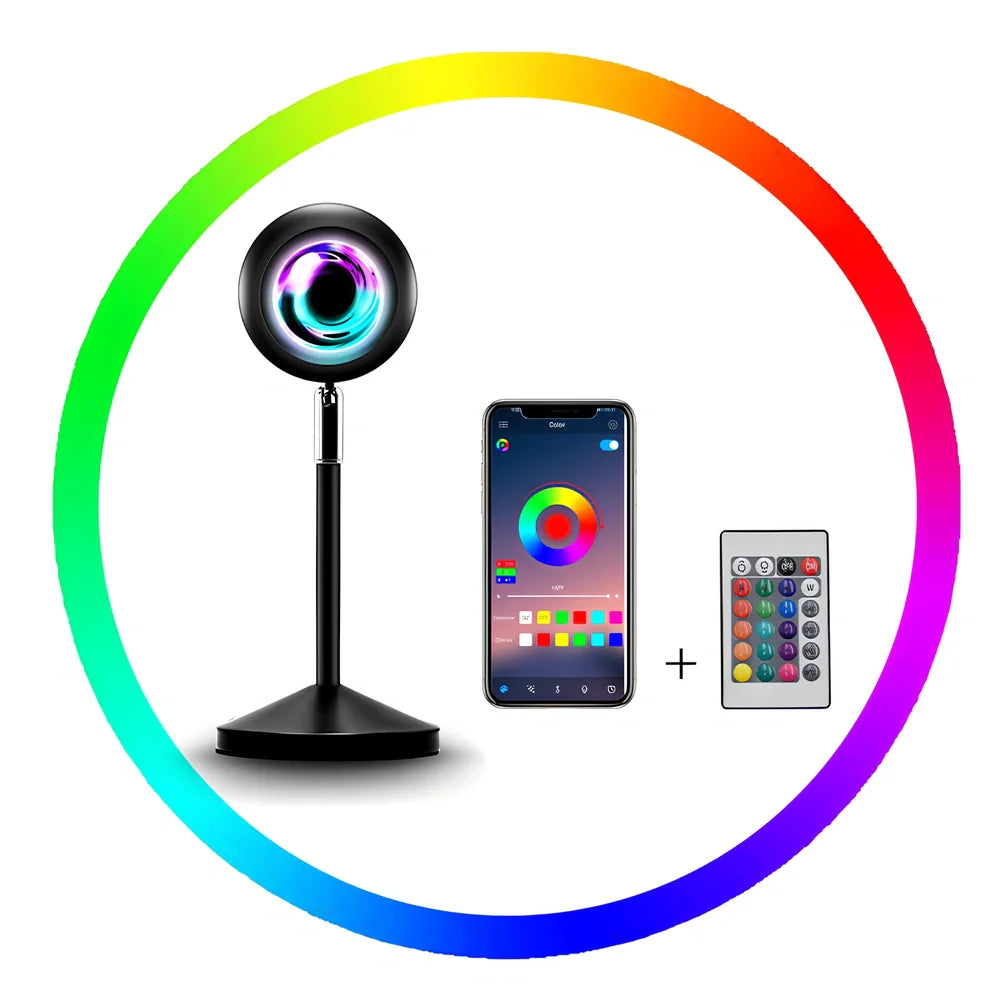 Rainbow sunset projector lamp with remote control showing colourful wall lighting effects