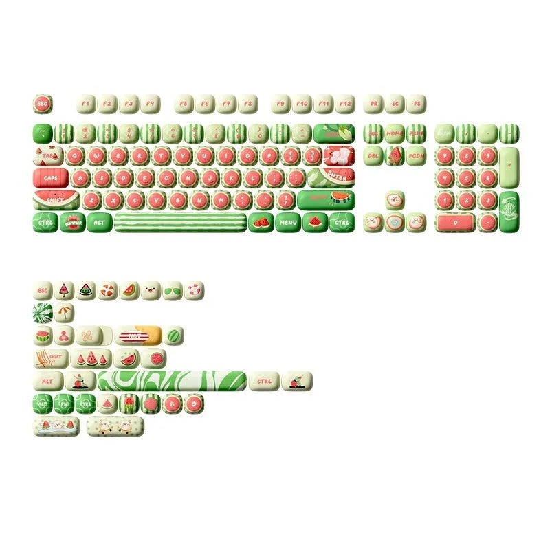Set of 138 watermelon-themed PBT key caps with green, red, and black dye-sublimated design, shown on a mechanical keyboard.