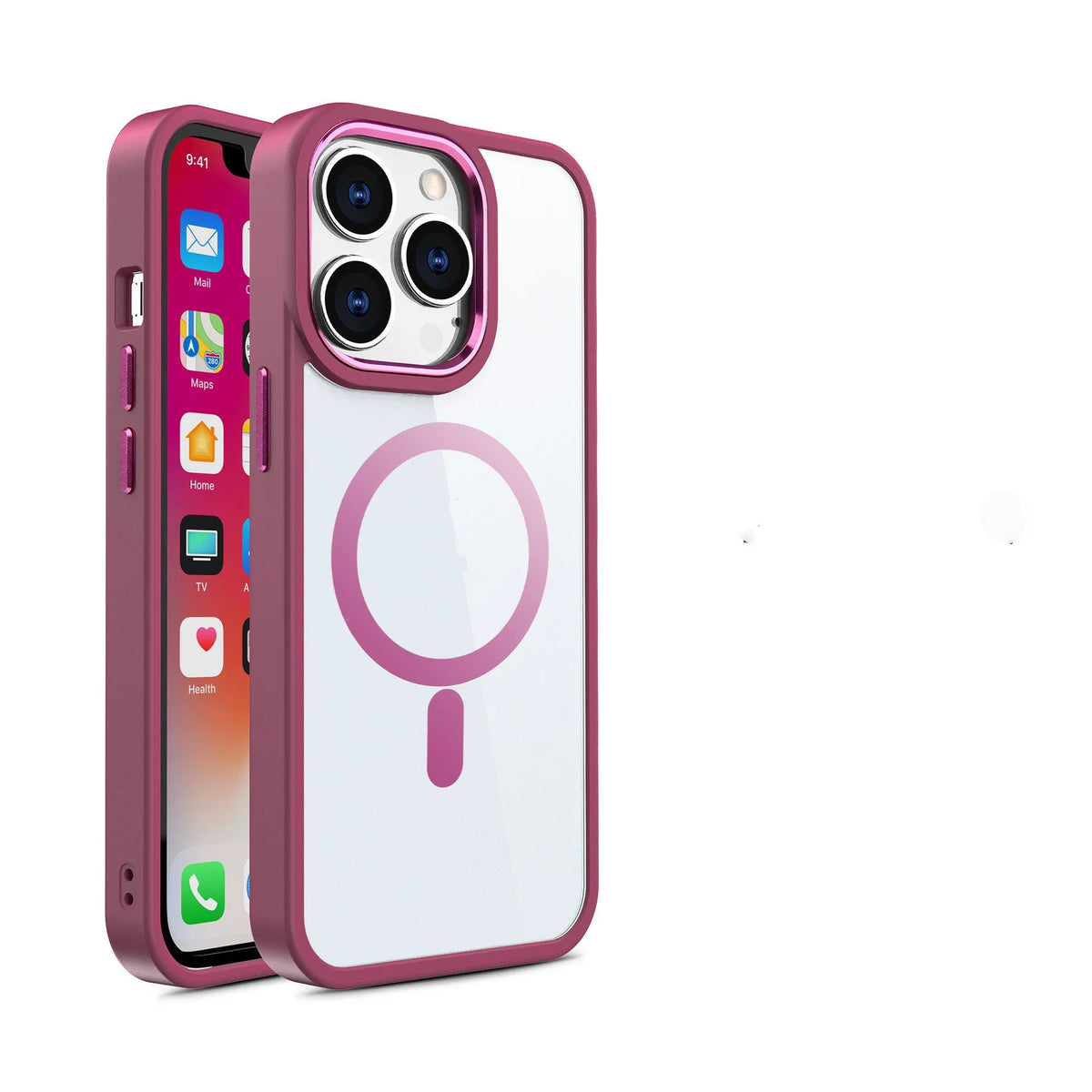 Magnetic transparent silicone phone case showing iPhone compatibility and 10 colour options including green, red, blue, and purple