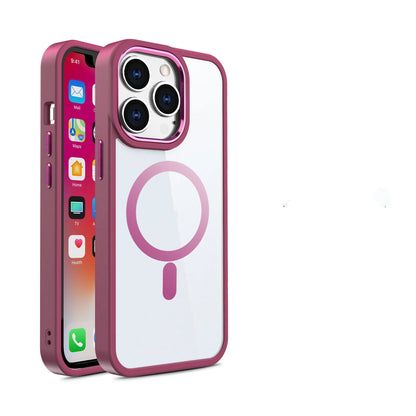 Magnetic transparent silicone phone case showing iPhone compatibility and 10 colour options including green, red, blue, and purple