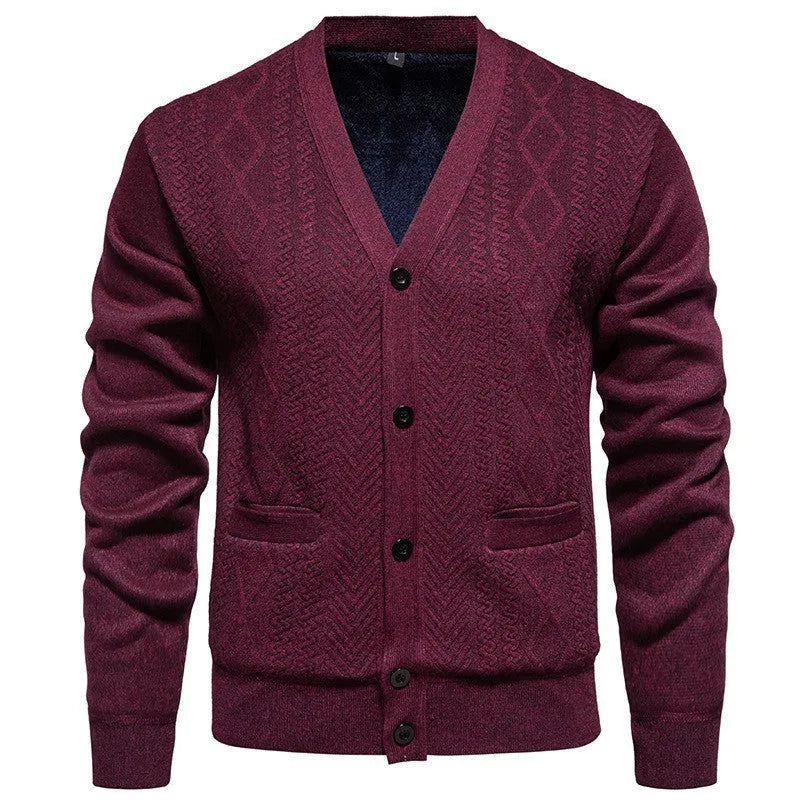 Man wearing a striped brown cardigan sweater with long sleeves and wool lining.