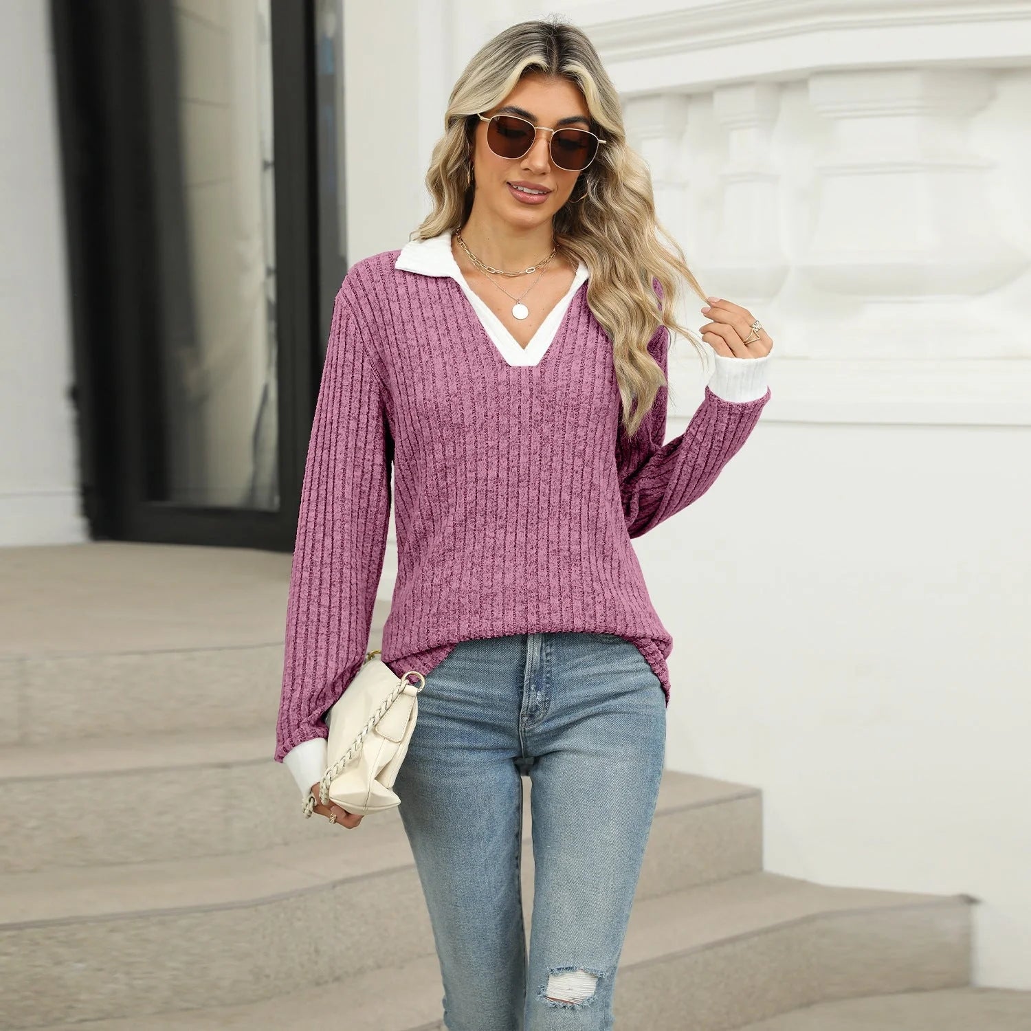 Women's loose-fit lapel long sleeve t-shirt in various colors