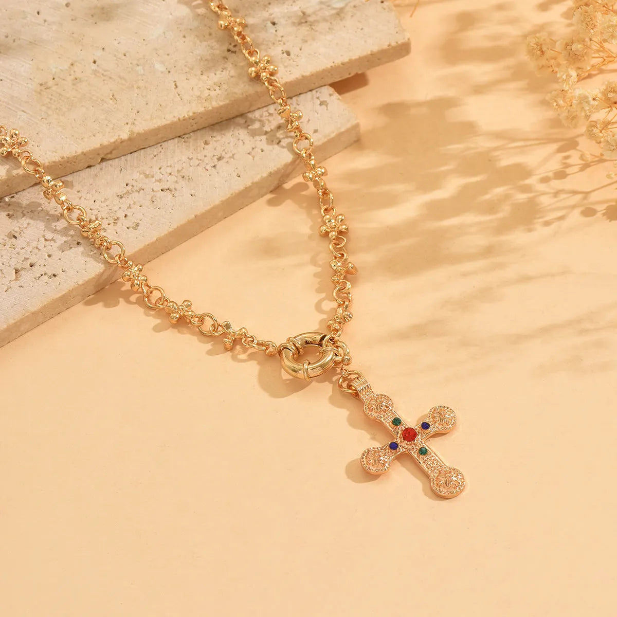 Rhinestone Y-shaped cross pendant necklace in gold or white K with electroplated alloy regular chain