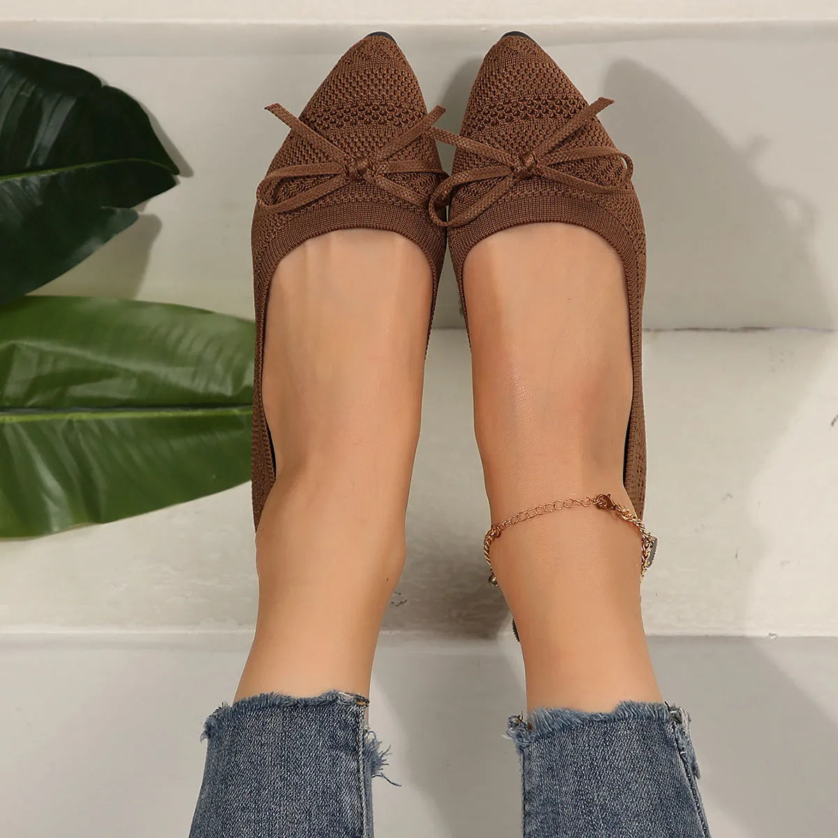 Women's knitted loafers with bow detail and pointed toe in multiple colour options