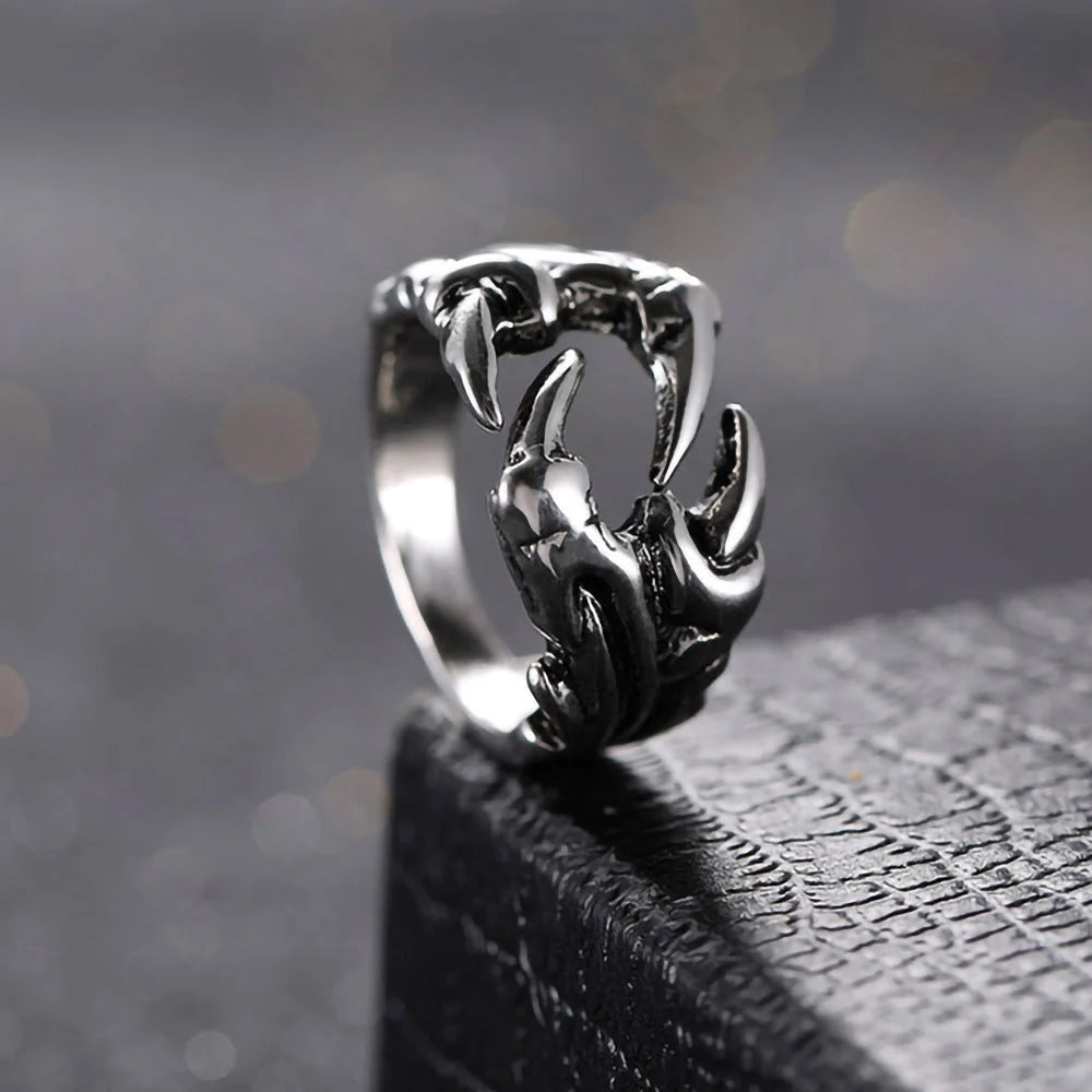 Men's open dragon claw ring in titanium steel with chrome finish