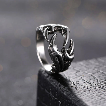 Men's open dragon claw ring in titanium steel with chrome finish