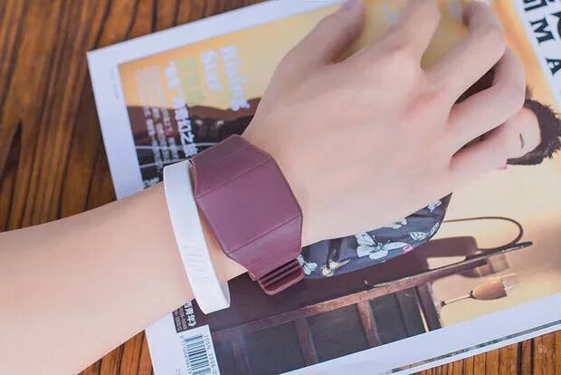 Square digital electronic watch with touch screen on a PU strap, shown in multiple colour options.