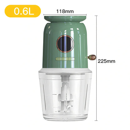 White baby food machine with USB charging cable, 100x100x195mm dimensions