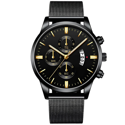 Men's stainless steel mesh band quartz watch showing two-tone colour options on a 4.2cm case.