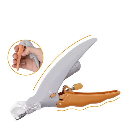 Yellow plastic pet nail clipper with LED light and magnifying lens for dog and cat grooming