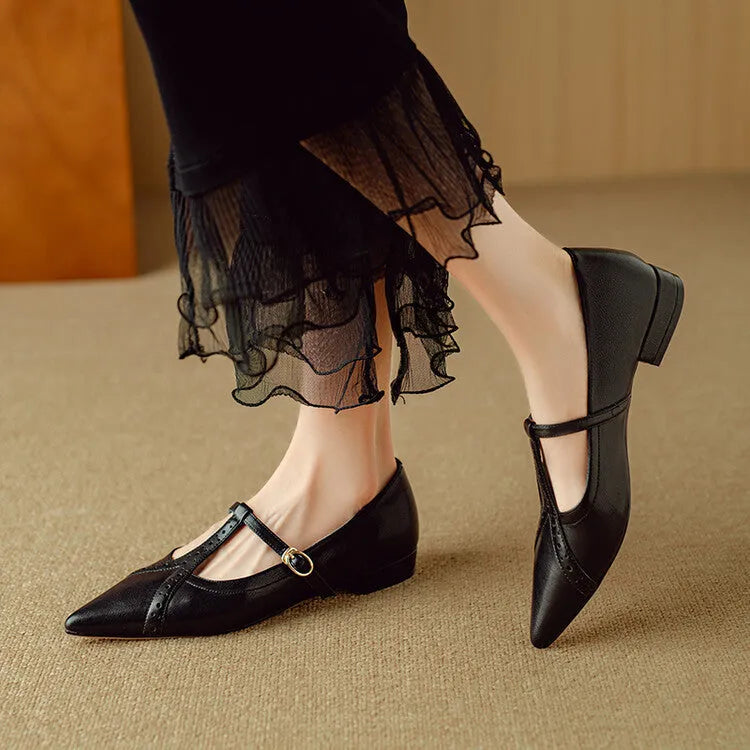 Brown pointed toe low-cut flat shoes for women with a soft sole and mid heel.