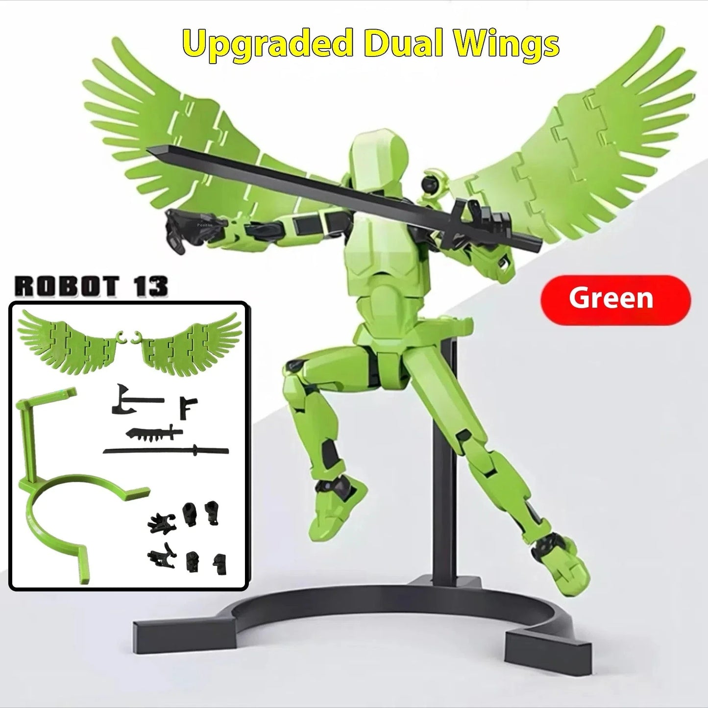 Highly posable 3D printed robot mannequin toy with interchangeable accessories, including wings and weapons