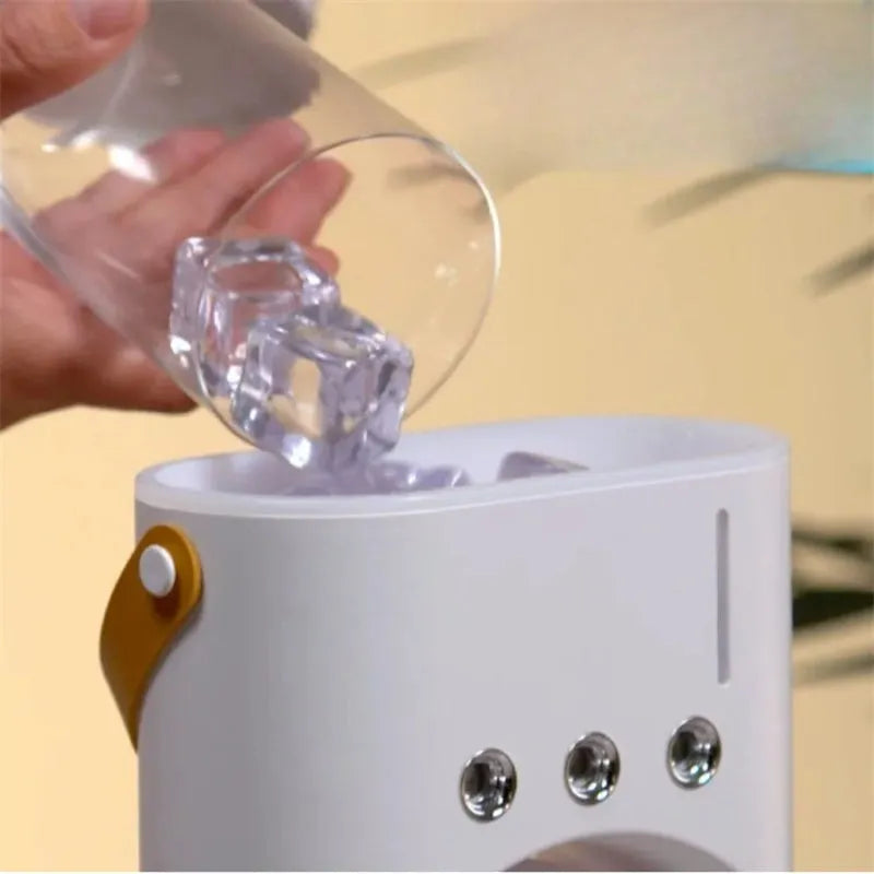 White portable humidifier fan with double heads and remote control on a table