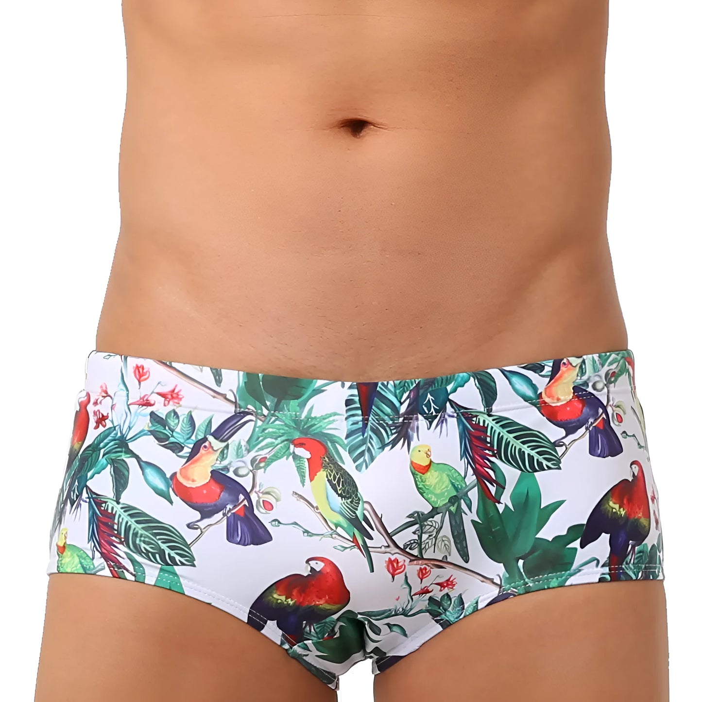 Men's blue swimming trunks with a detailed floral and bird print pattern, shown in a brief style.