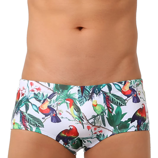 Men's blue swimming trunks with a detailed floral and bird print pattern, shown in a brief style.