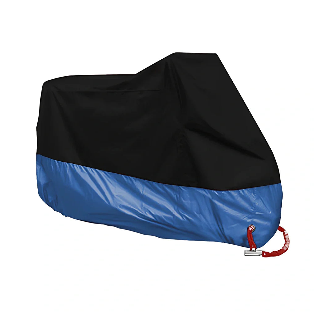 Silver coated motorbike cover showing colour blocking design on black background
