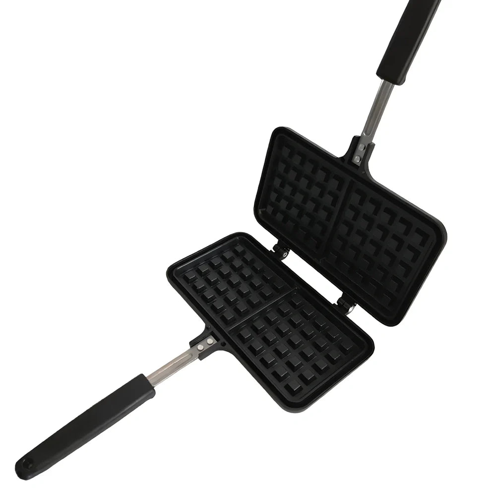 Black non-stick aluminium waffle mold 22x12x23cm with plaid pattern plates and locking handle for gas stove use