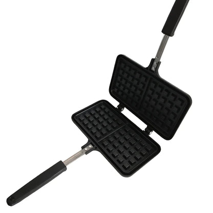 Black non-stick aluminium waffle mold 22x12x23cm with plaid pattern plates and locking handle for gas stove use