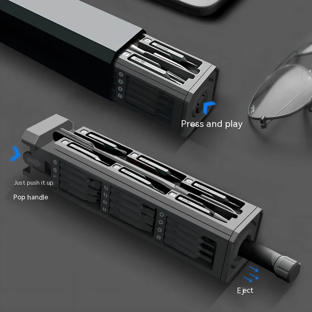 44-piece screwdriver set with S2 alloy steel bits in 37mm x 37mm x 150mm storage case