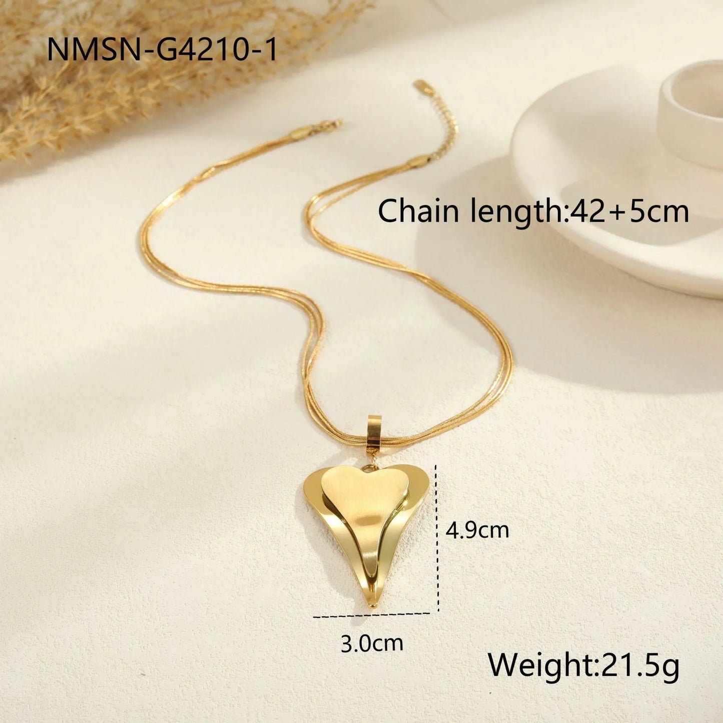 Women's stainless steel double heart necklace with snake bones chain, 18K electroplated in gold or steel finish