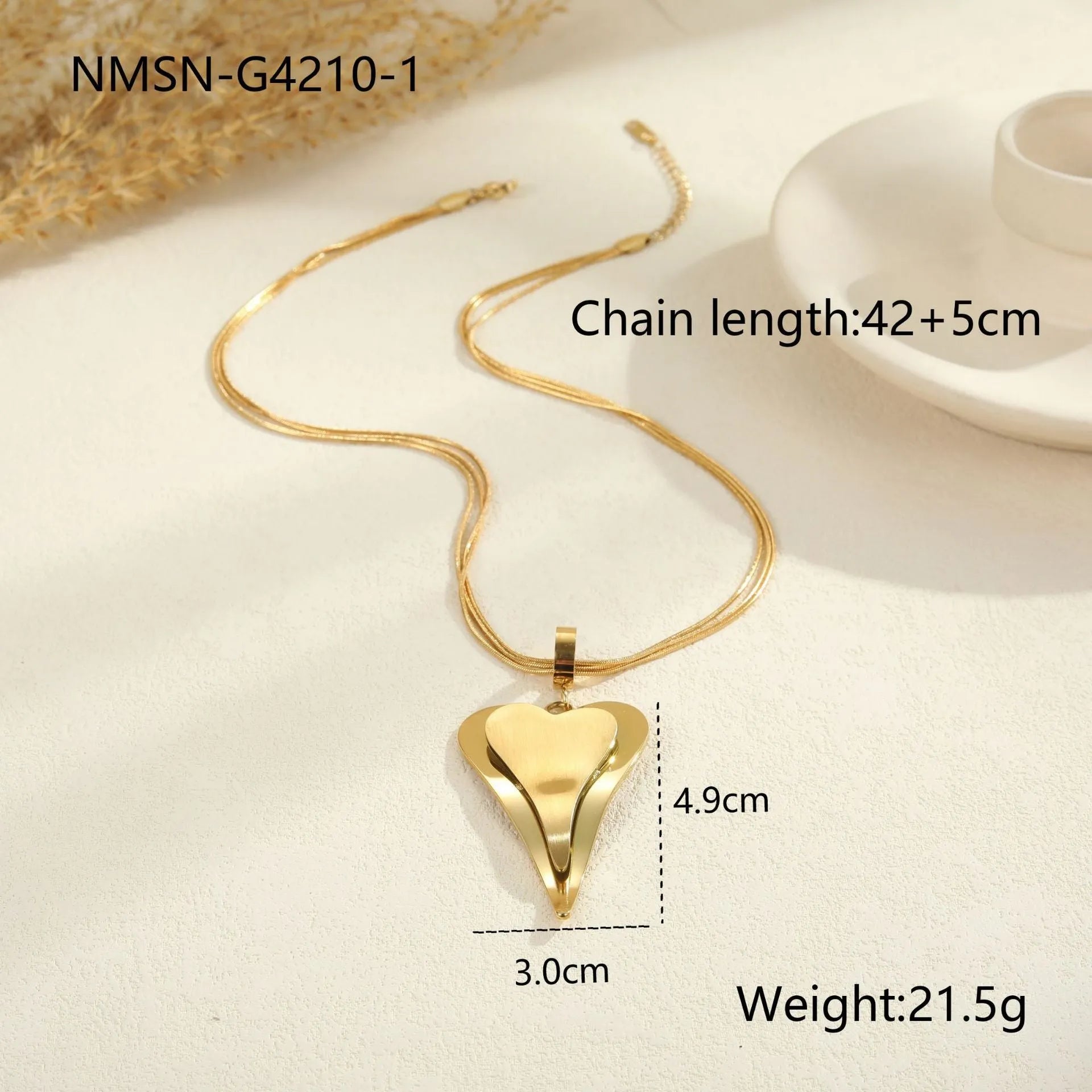 Women's stainless steel double heart necklace with snake bones chain, 18K electroplated in gold or steel finish