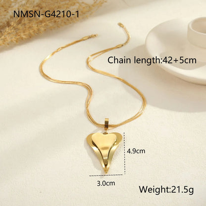 Women's stainless steel double heart necklace with snake bones chain, 18K electroplated in gold or steel finish