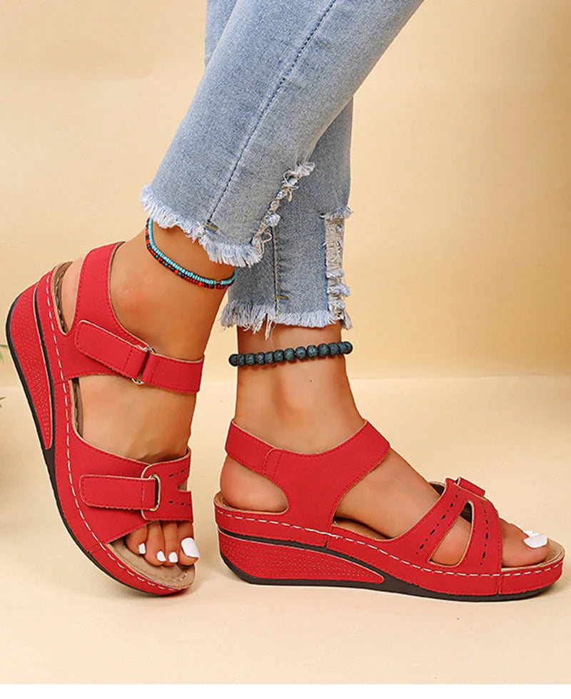 Women's Velcro Wedge Sandals in red, black, brown, and off-white with breathable PU upper