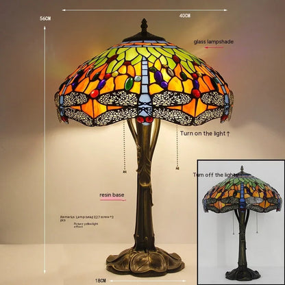 European style stone table lamp with dragonfly motif in blue finish, 30cm height