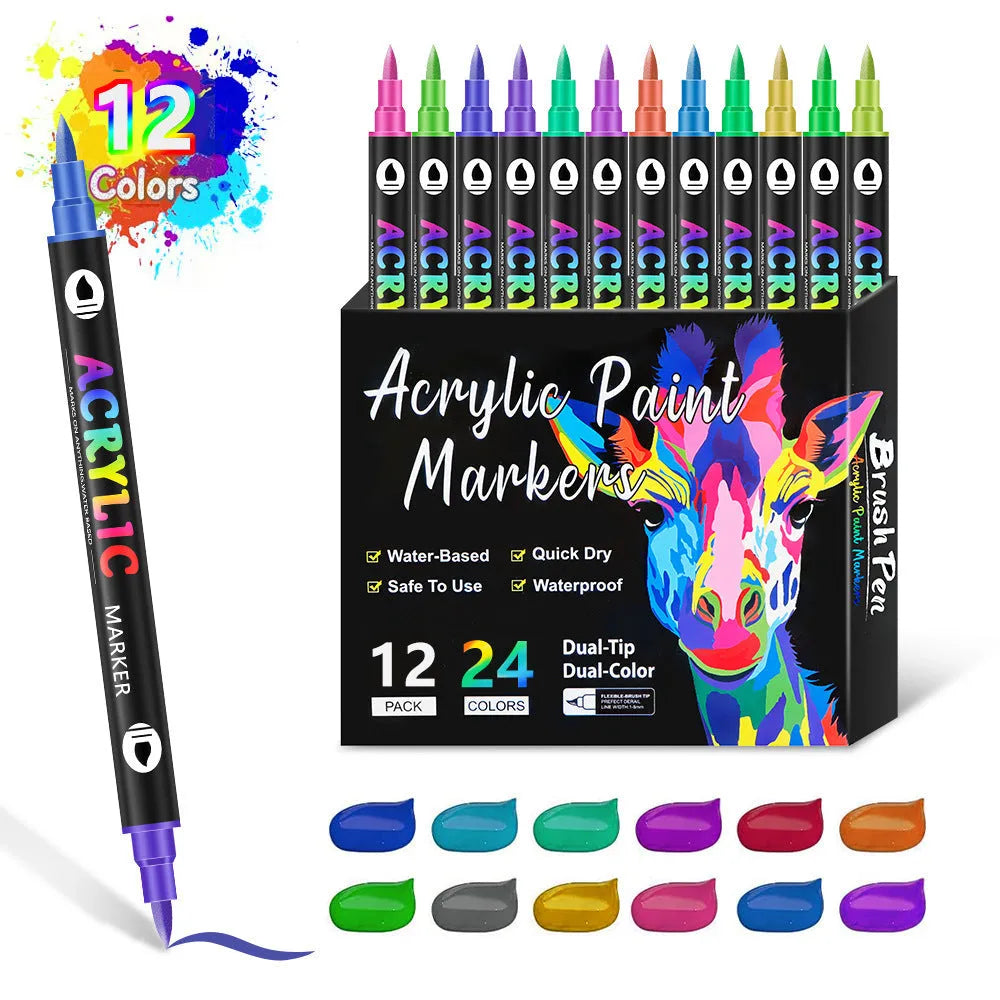 Set of double-headed acrylic marker pens showing washable opaque colours with quick-drying ink