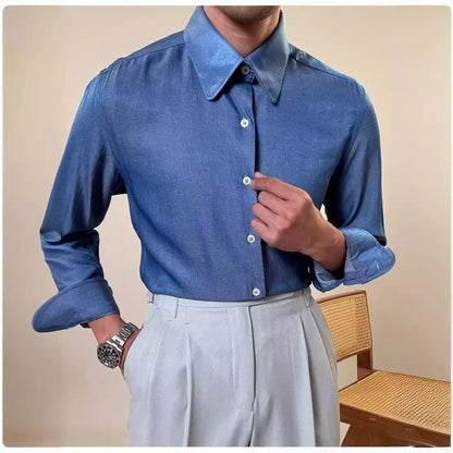 Men's slim fit business casual shirt with round collar in light blue and dark blue colour options