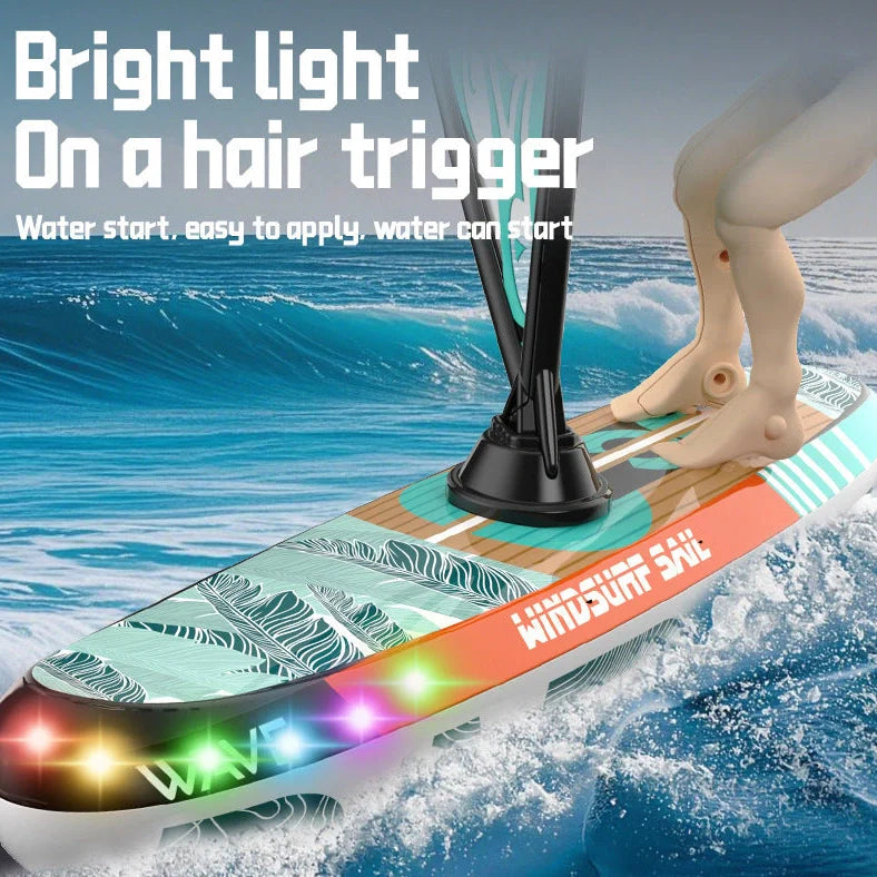 Blue remote control speedboat toy on water with USB charging cable