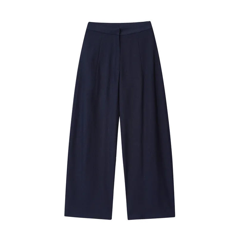 Women's off-neck flounced sleeve linen-style top and wide leg trousers set in 100% polyester fabric