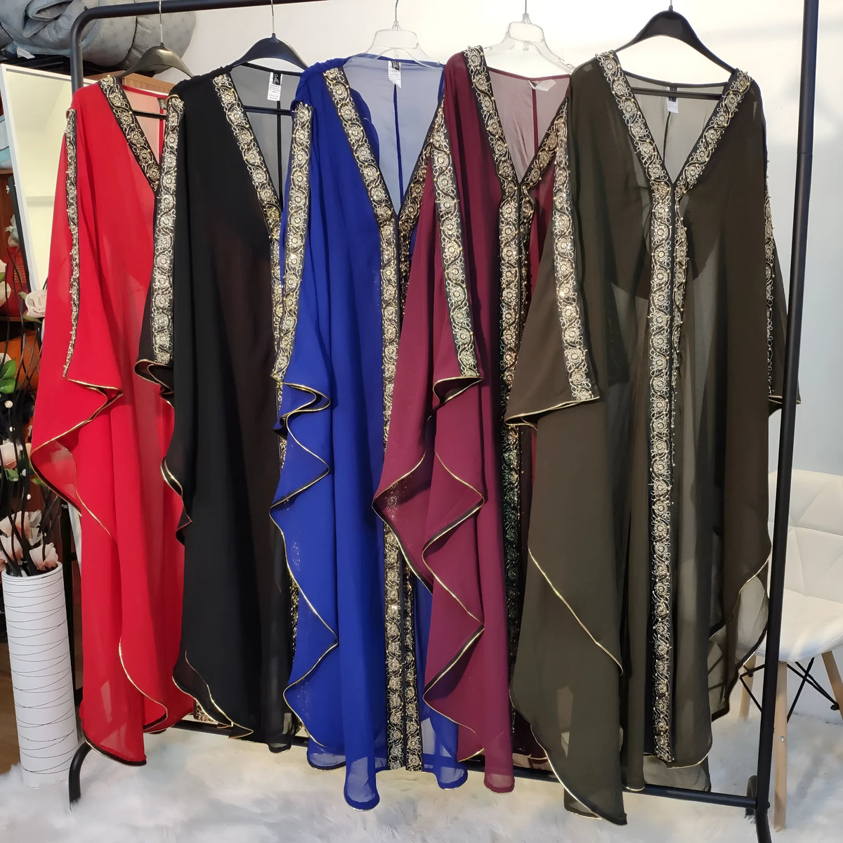 Loose chiffon Muslim robe dress in green, black, red, dark red, or blue, one size, for modest wear