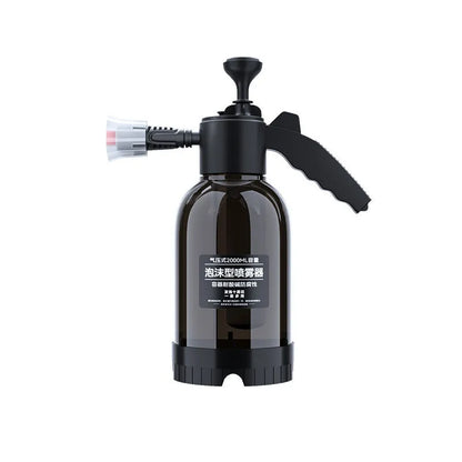 Black 2-litre hand-held foam sprayer with pump handle and two nozzles for car washing and gardening.