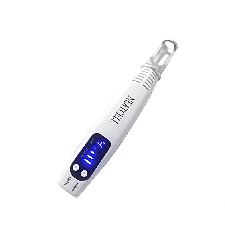 Blue home picosecond laser mole pen with adjustable intensity buttons and dual light therapy modes for skin treatment