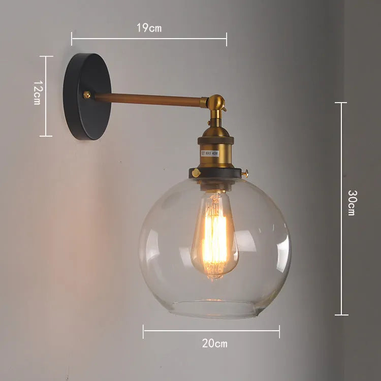 20cm round ball glass wall lamp with aluminium holder in amber, smoke grey, or transparent options