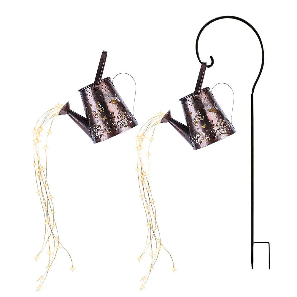 Solar-powered garden lamp with tapered butterfly pattern iron design and warm white LED light