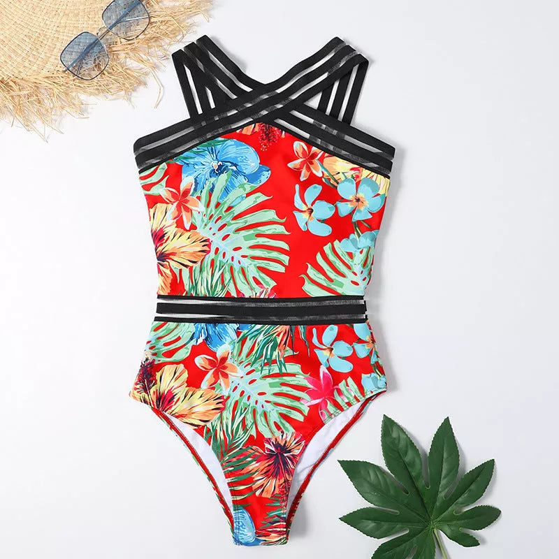 Women's one-piece printed bikini in black, white, and red flower patterns, waterproof and lightweight.