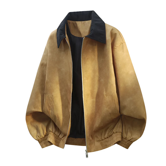Men's black casual jacket with textured white stitching and collage detail on the lapel, showing side seam pockets and straight hem.