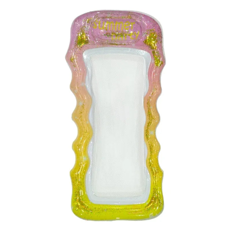 A 170cm long inflatable pool lounger with a mesh centre panel and thick sequined gradient design floating in water.