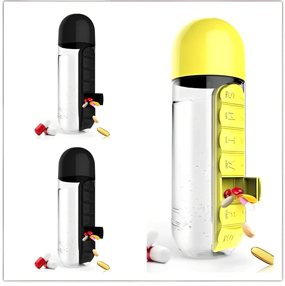 Two-in-one water cup with attached 7-day pill organiser showing daily compartments and screw-top lid