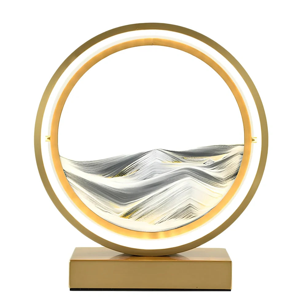 Black and white quicksand table lamp, 295mm tall with LED lights and remote control, coloured sand in glass chamber