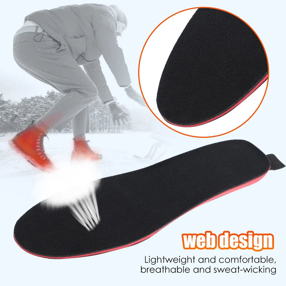 Heated insoles for men and women with rechargeable electric foot warming pads, designed to fit any size boot or shoe